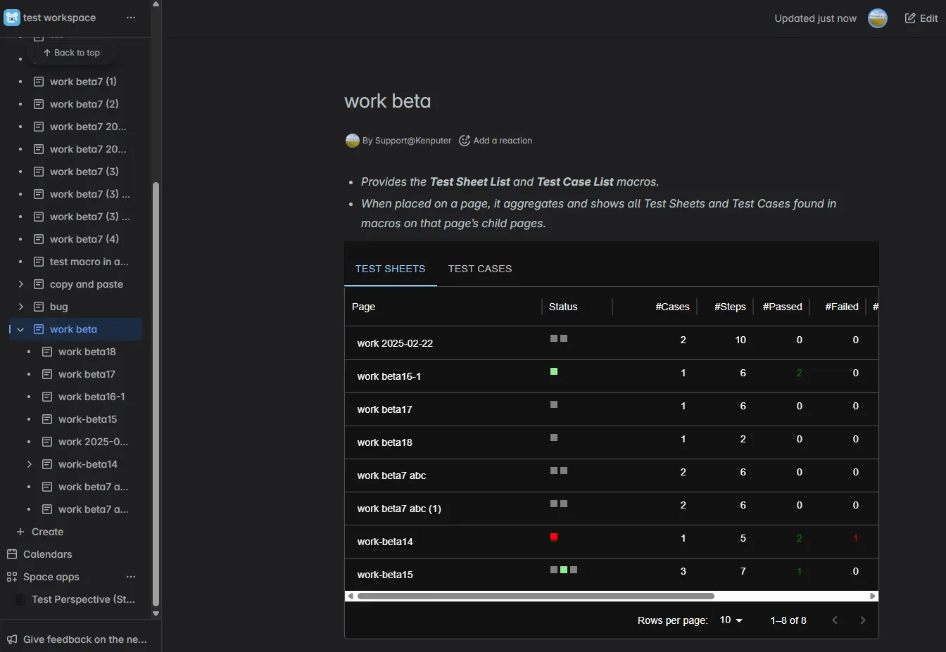 The Summary of Test Runs Macro on a page