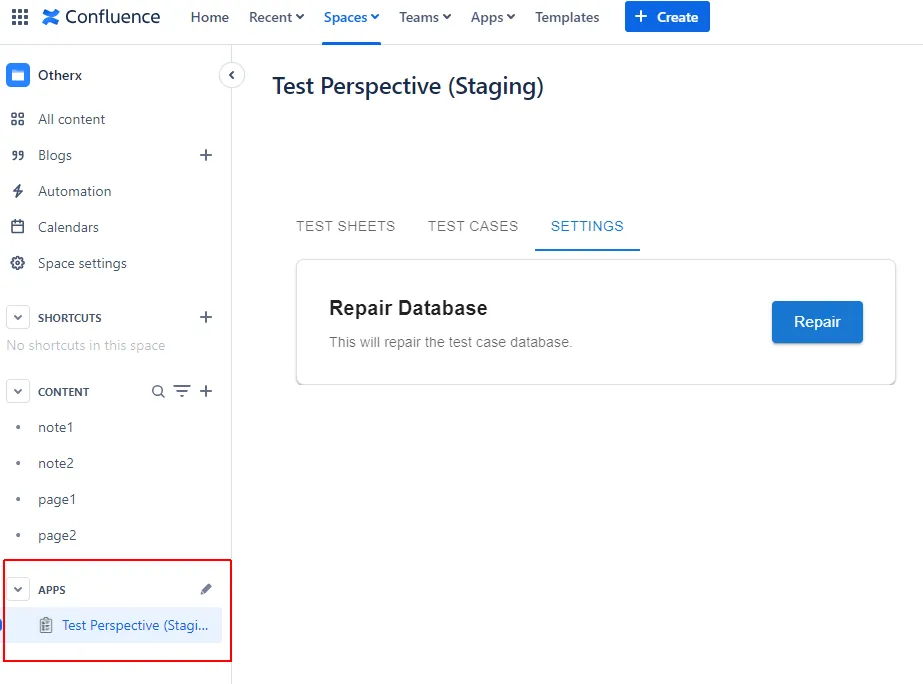 The Test Perspective list view opened from the space menu
