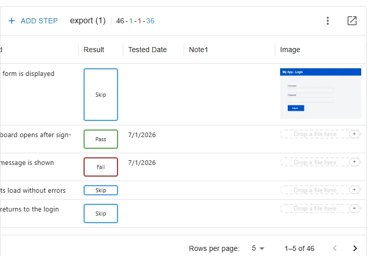 The Image column with one step showing an attached screenshot